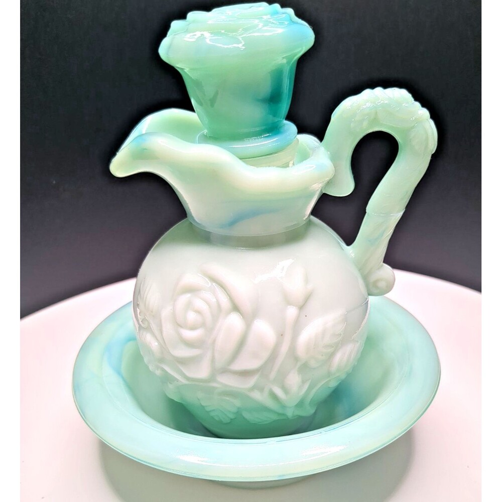Vintage Avon - Rose Mini Bowl And Pitcher Set - Jadeite Green Swirl Milk Glass